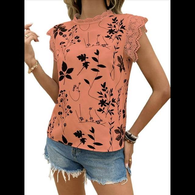 Blusas de Encaje con Estampado Floral para Mujer, Cuello Redondo, Mangas , Estilo Bohemio, Naranja y Rojo, Talla M