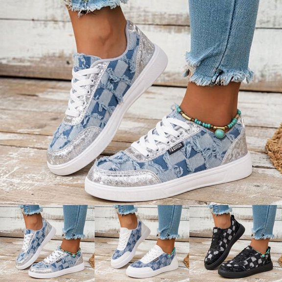 Ladies Distressed Plaid Denim Skate Shoes Lightweight Flat Platform Lace Up Sneakers Soft Sole Non Slip Walking Shoes