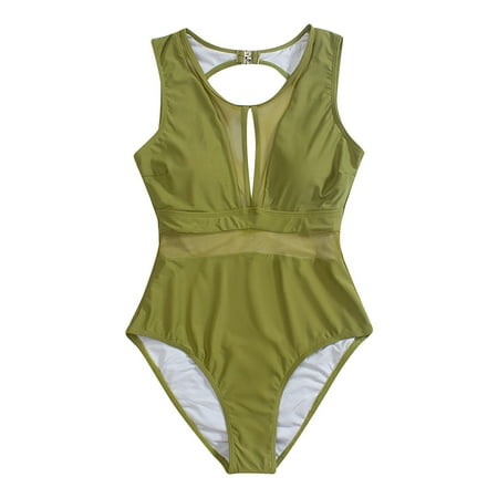 Rgdypko Womens Swimsuits Tummy Control Net Sexy Solid Color Block Summer Leisure Slim Swimsuit Lively Beach Outfit Green L