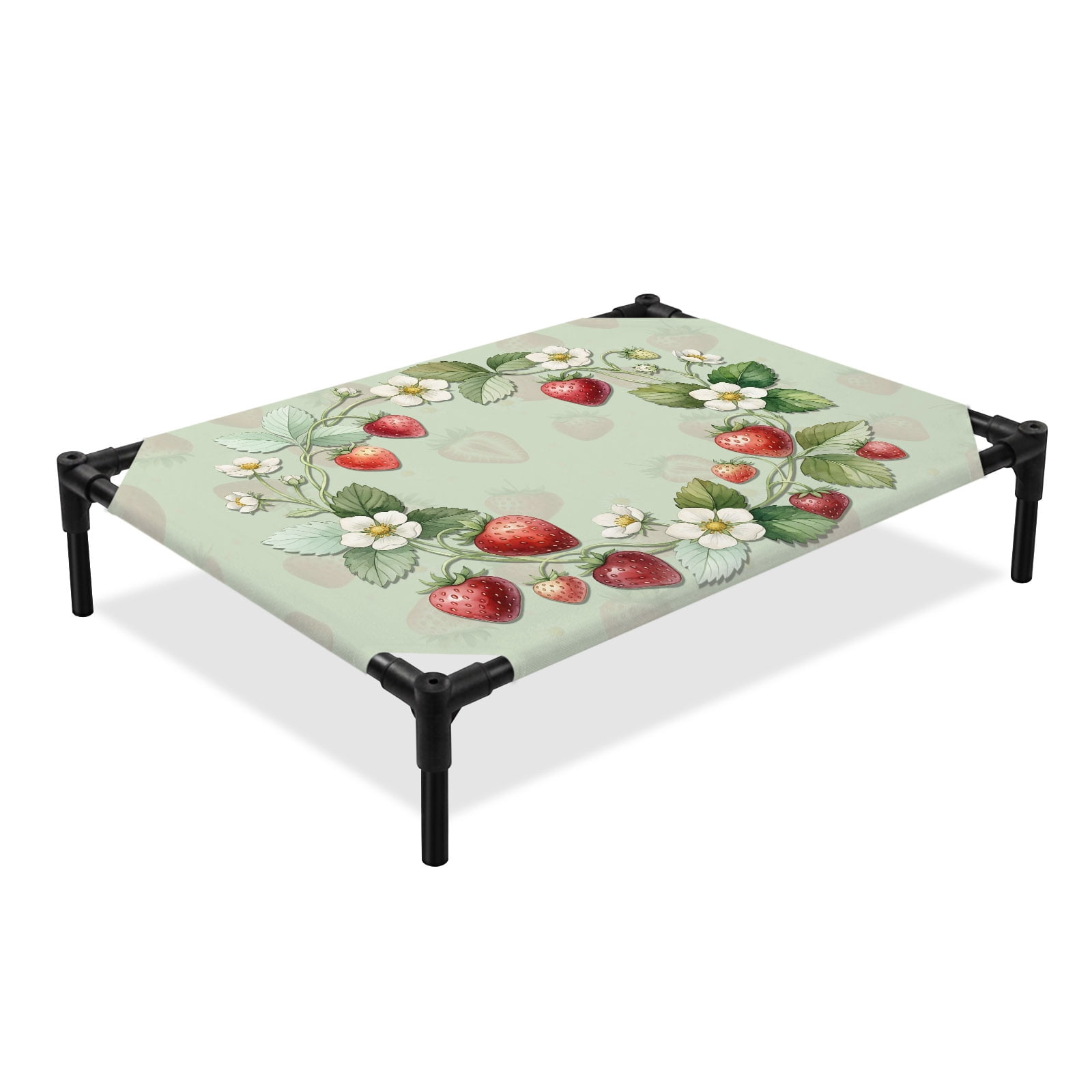 Spring Strawberry Wreath Elevated Dog Bed Rustic Vintage Green Floral Flowers Leaves Cooling Breathable Outdoor Raised Dog Cot Bed with Metal Frame Non-Slip Feet for Medium Dog 24x20in