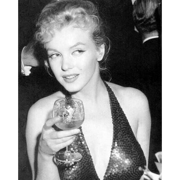Marilyn Monroe rare candid in low cut sequined dress holding wine 11x17 Poster