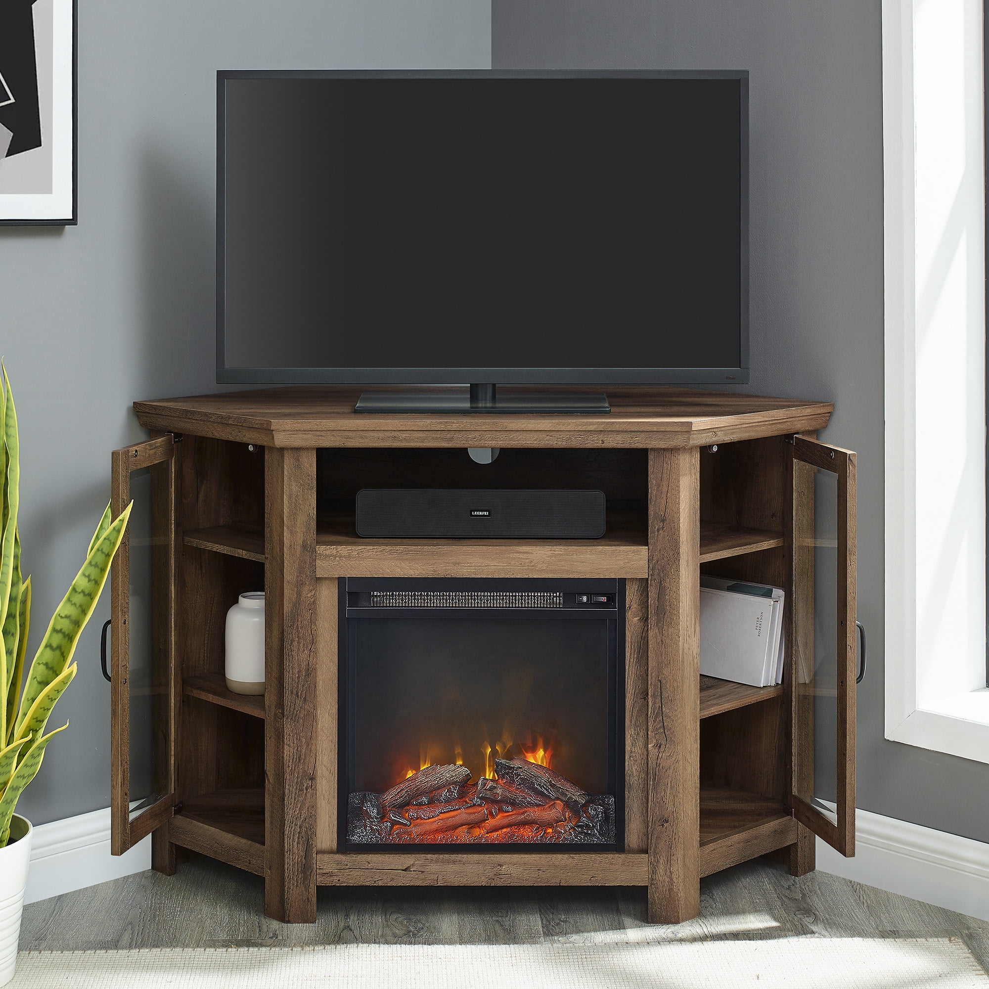 Walker Edison Rustic Oak Corner Fireplace TV Stand for TVs up to 50"