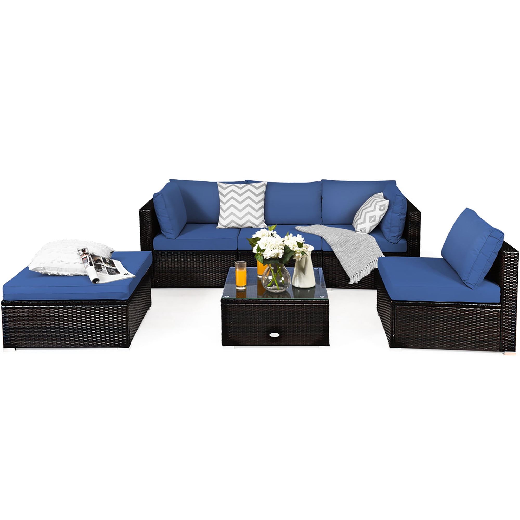 Costway 6PCS Outdoor Patio Rattan Furniture Set Cushioned Sectional Sofa Navy