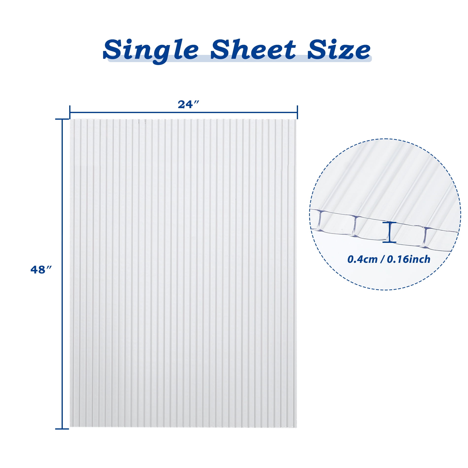 Aoodor 6Pcs 24'' (W) x 48'' (L) x 0.16'' Polycarbonate Greenhouse Panels,  Waterproof UV Protected Reinforced Sheets, Outdoor Garden and Greenhouse Covering, Twin-Wall Clear Sheets