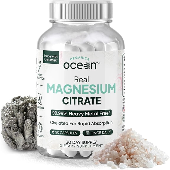 Organics Ocean Real Magnesium Citrate Supplement – High Absorption Chelated Magnesium – 90 Capsules – Relaxation, Energy & Digestive Support