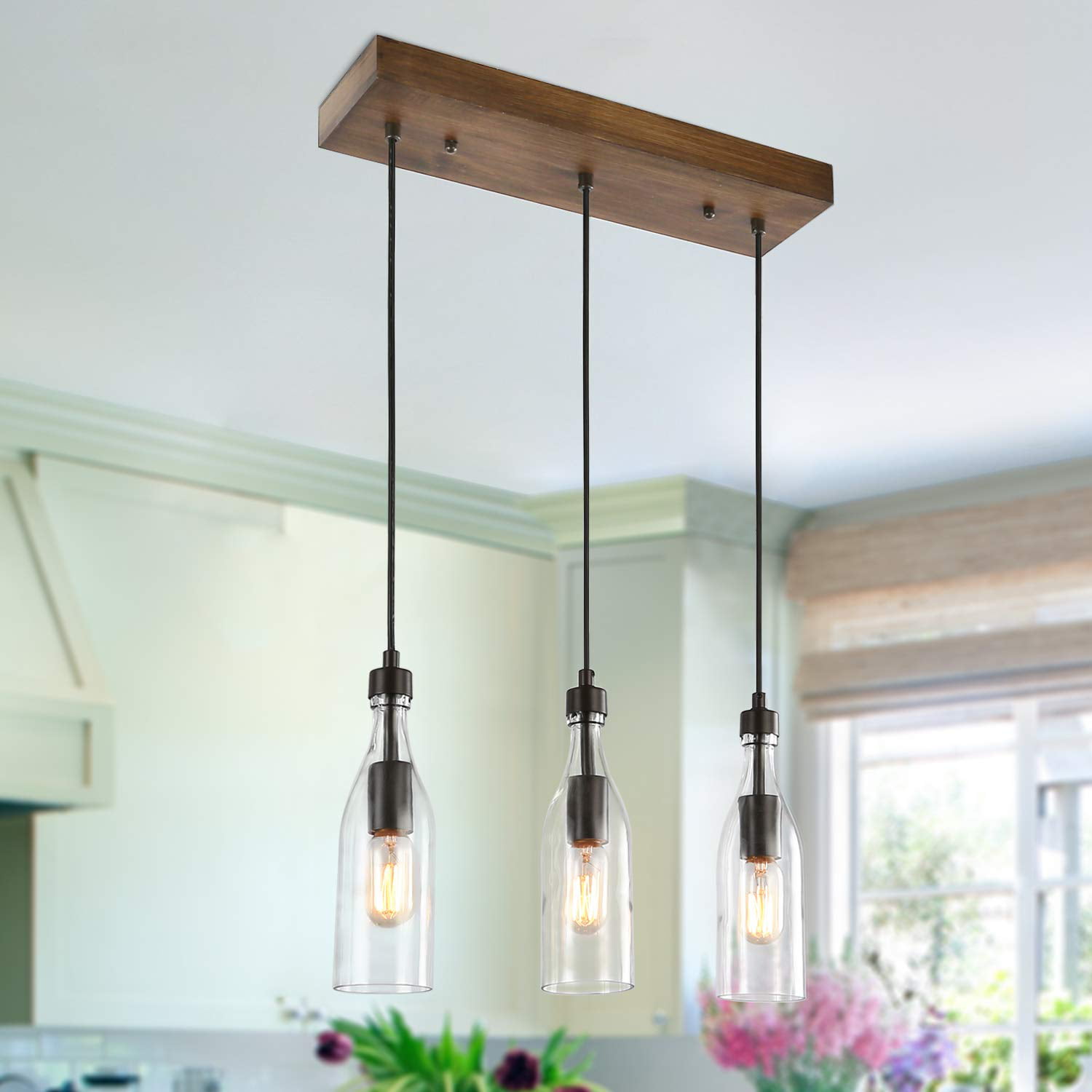 LNC Wooden Pendant Lights 3-Height Adjustable Farmhouse ...
