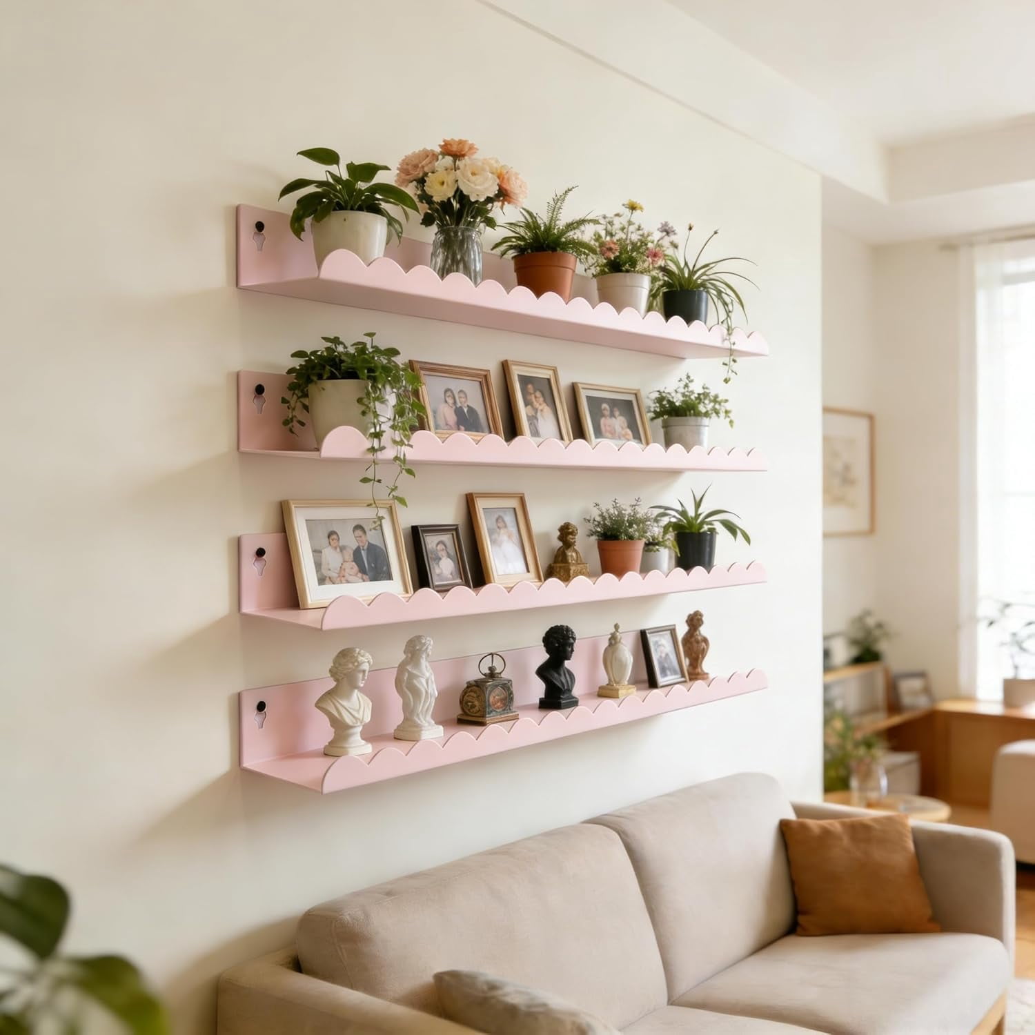 24 Inch Nursery Book Shelves Set of 4, Pink Metal Floating Shelves for Wall, Scalloped Cloud Book Shelf for Kids Room, Bathroom, Bedroom, Playroom Wall Decor & Storage
