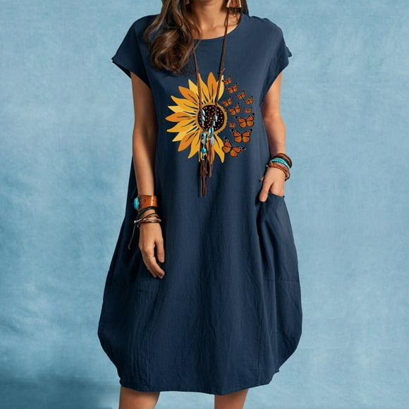Womens Dresses Clearance Plus Size Trendy Women Casual O- Neck Floral Print Plus Size Pocket Dress Navy XXL JE