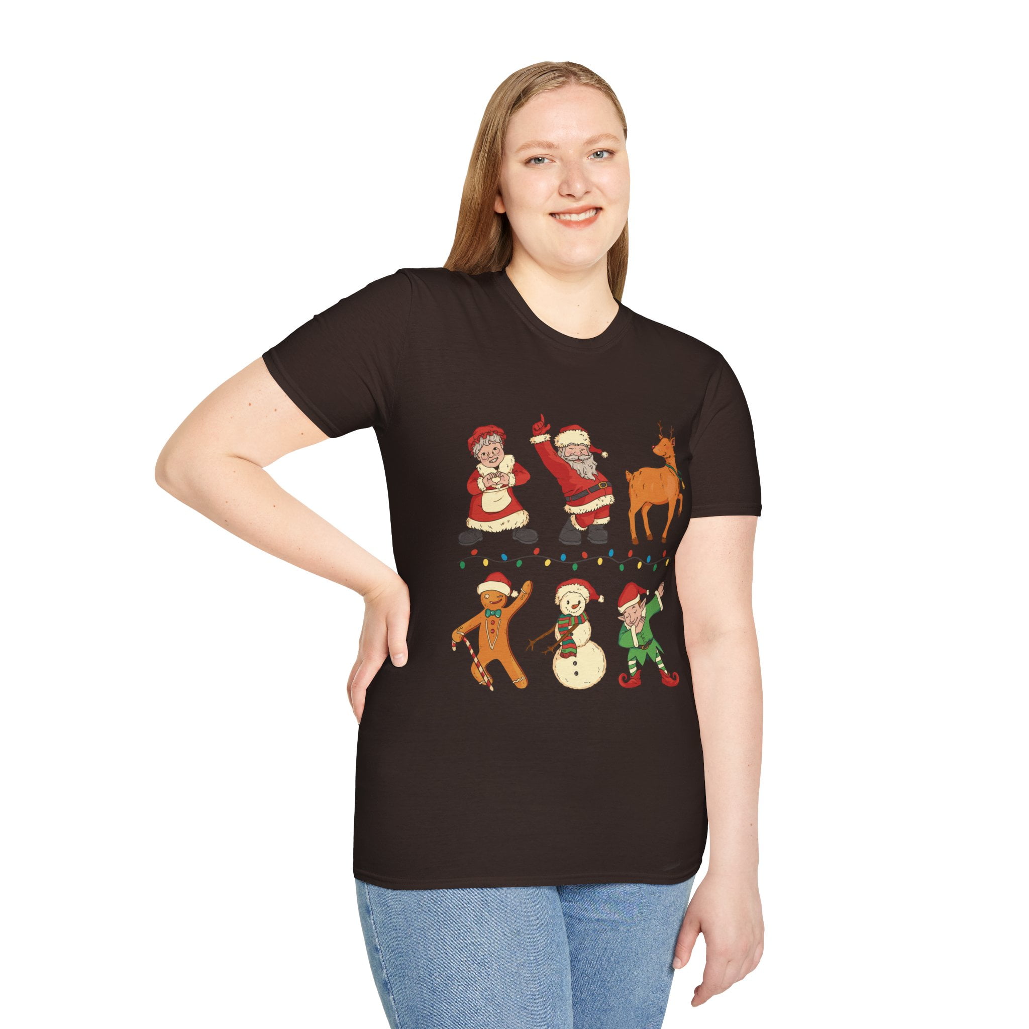 Holiday Dancing Santa Reindeer Snowman Elf Gingerbread Tee