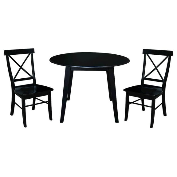 42" Round Solid Wood Dual Drop Leaf Table with 2 Chairs in Black