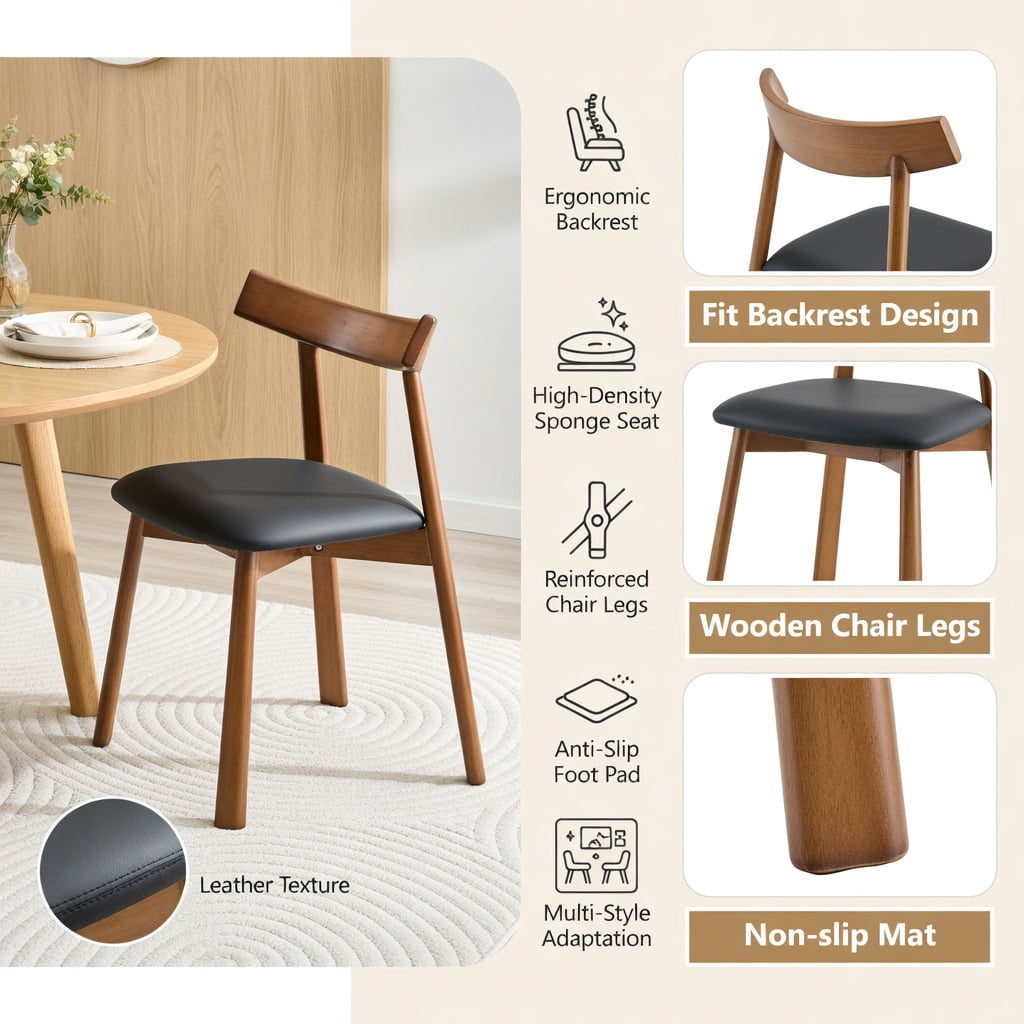 Hommoo 2-Pack Solid Wood Dining Chairs with PU Cushions & Ergonomic Curved Backrest, Modern Farmhouse & Scandinavian Style Home Dining Set, Black & Walnut
