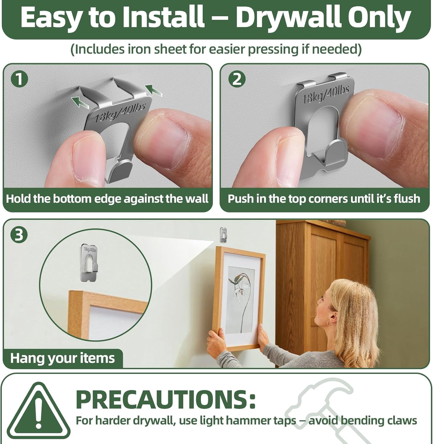JJEAN-Claw Picture Hangers for Drywall \u2013 15 Pcs Heavy Duty Claw Hooks Support Up to 40 lbs, No Damage Tool-Free Drywall Hooks for Hanging Photo, Frame, Mirror, Artwork
