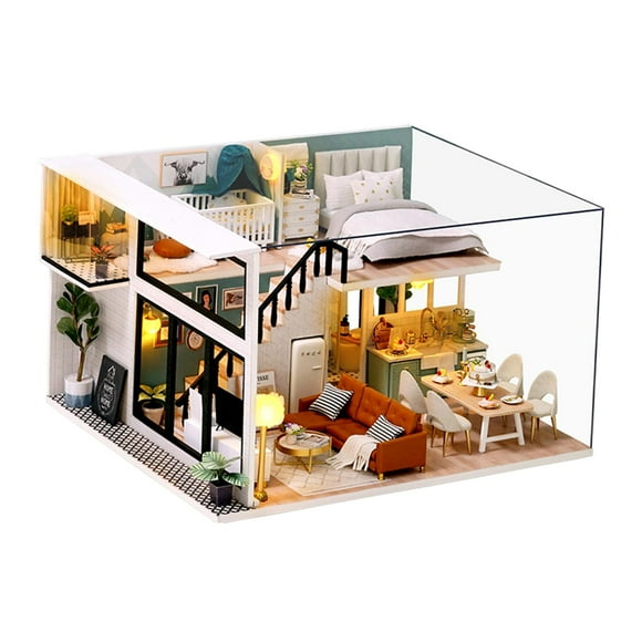 Esquirla Dolity DIY Doll House Wooden Doll Houses Miniature Dollhouse Furniture Kit with With Dust