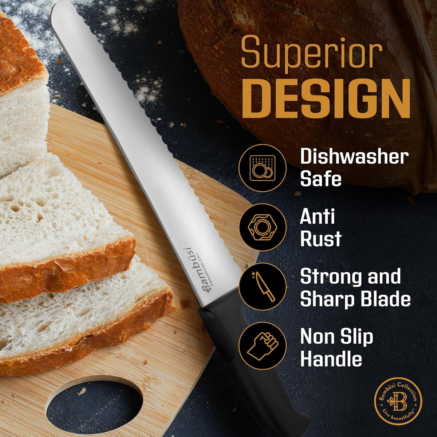 Bambusi 10 Inch Serrated Bread Knife, Stainless Steel Bread Knife with Ergonomic Handle for Homemade Bread