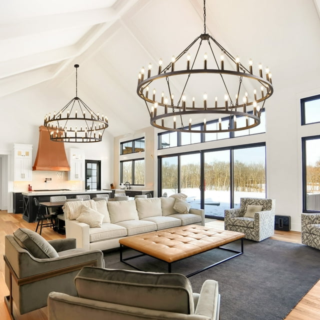 LovingAHome 2 Layer Wagon Wheel Chandelier 48-Light 54'' Wide Industrial Light Fixture for Hight Ceiling Living Room Dining Room Foyer Entryway