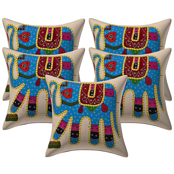 Stylo Culture Indian Decorative Throw Pillow Covers 16 x 16 Applique Patchwork Blue Yellow Bohemian 40cm x 40cm Living Room Cotton Elephant Square Cushion Covers | Set Of 5