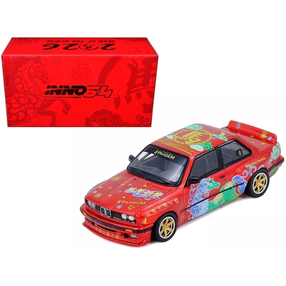 Pandem Rocket Bunny E30 "Chinese New Year 2026 Special Ed" Red Metallic with Graphics 1/64 Diecast Model Car by Inno Models