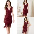 thumbnail image 2 of Huhudde Sophisticated Sequins Embellished Sleeveless Ruched Bodycon Dress with Asymmetrical Fringe Tassels Wrap V Neck for Women, 2 of 13