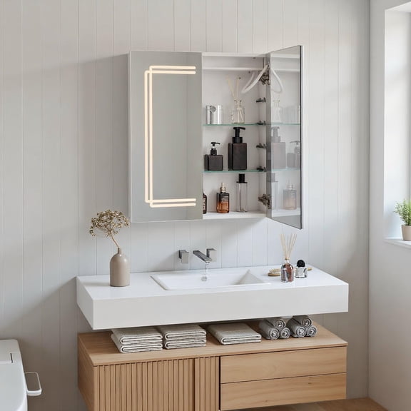Kadyn 2 Doors Bathroom Wall Cabinet with Mirror and LED Lights for Vanity Makeup and Modern Bathroom Organizer, White