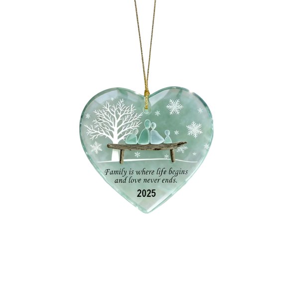 Elainilye Heart Sea Glass Ornament Family Themed Flat Acrylic Hanging Decor for Christmas Tree or Home Accent Perfect as Holiday Gift