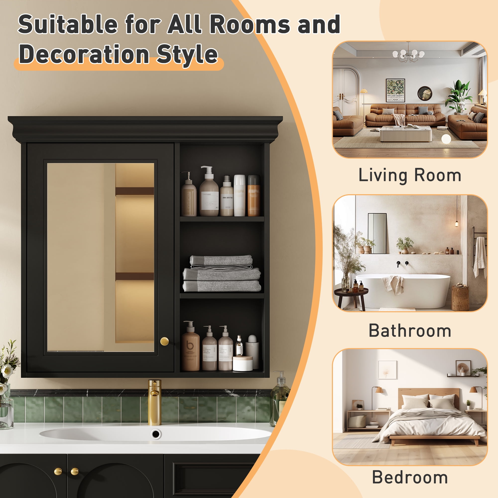 MAYEERTY 30'' x 28'' Black Bathroom Medicine Cabinet with Mirror, Wall Mounted Storage Organizer – Over Toilet Cabinet