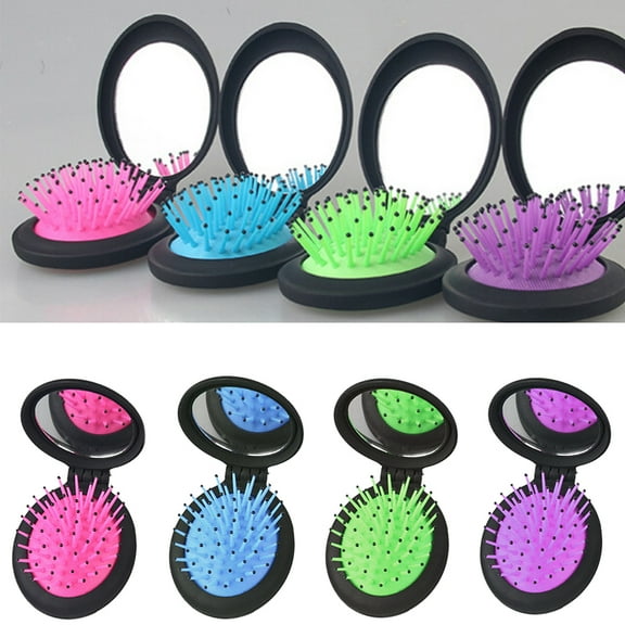 Luckymimi Portable Folding Travel Makeup Soft Scalp Massager Comb Hair Brush with Mirror Blue