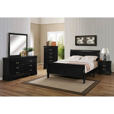 Traditional 4pc King Size Bed Set Dresser Mirror Nightstand Black Finish Classic Bedroom Wooden Furniture