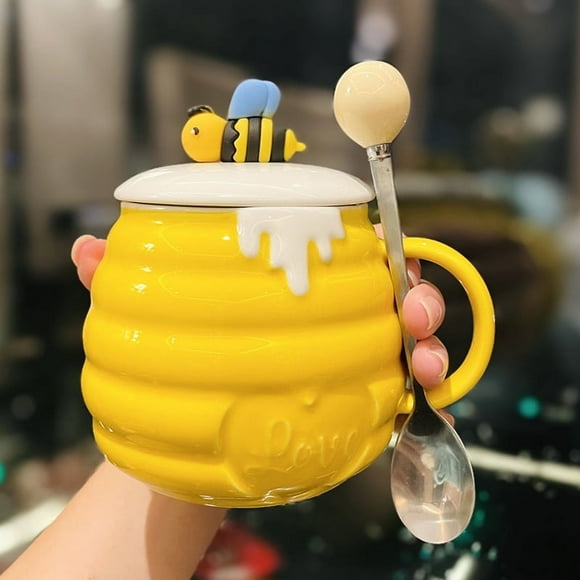 400ml Bee Mug Cute 3D Relief Ceramic Cup Creative Kitchen Office Coffee Milk Tea Cup with Cover and Spoon (Deep Yellow 1)