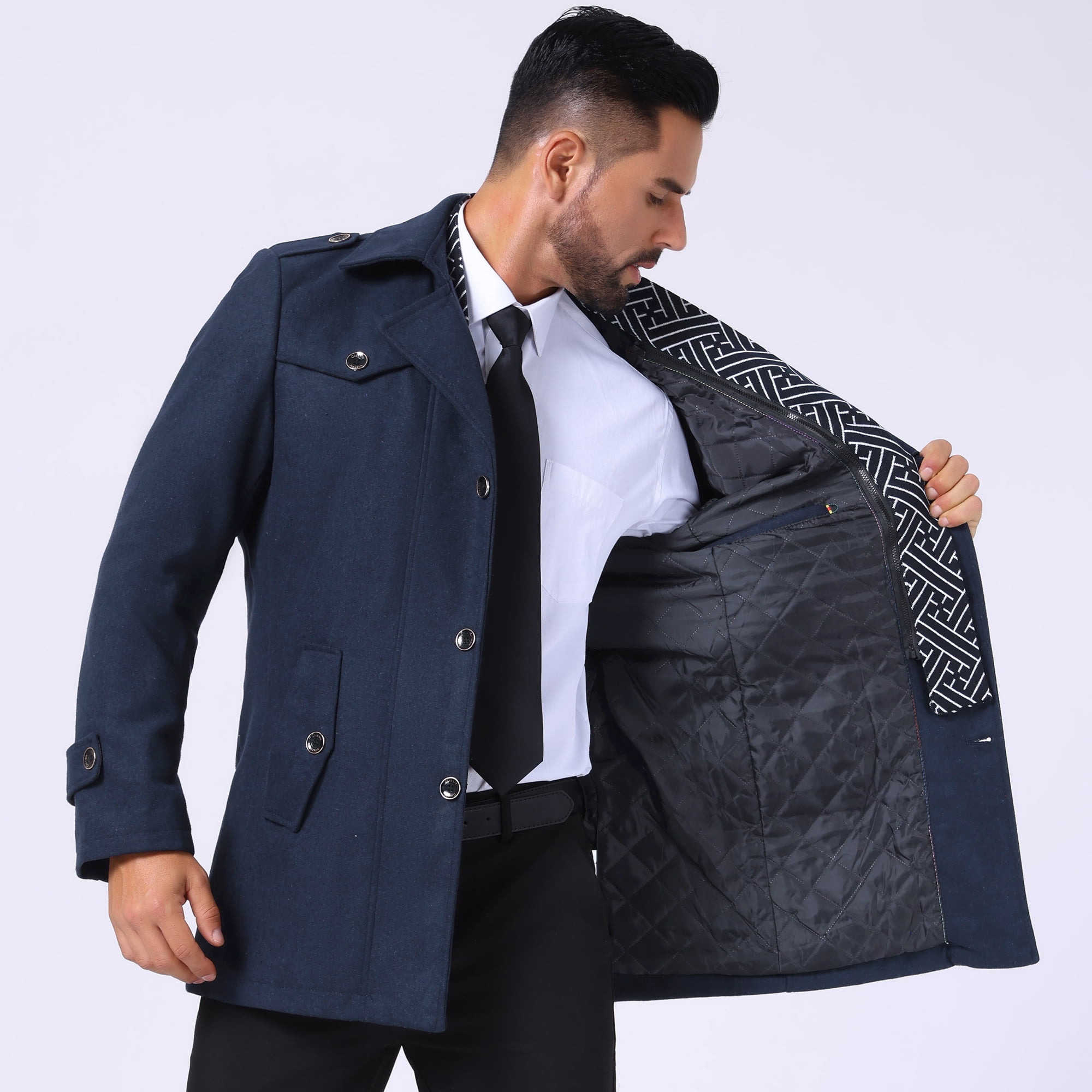 DARING DIVA Men's Mid-Length Overcoat Zipper Single Breasted Winter Coat S Dark Blue