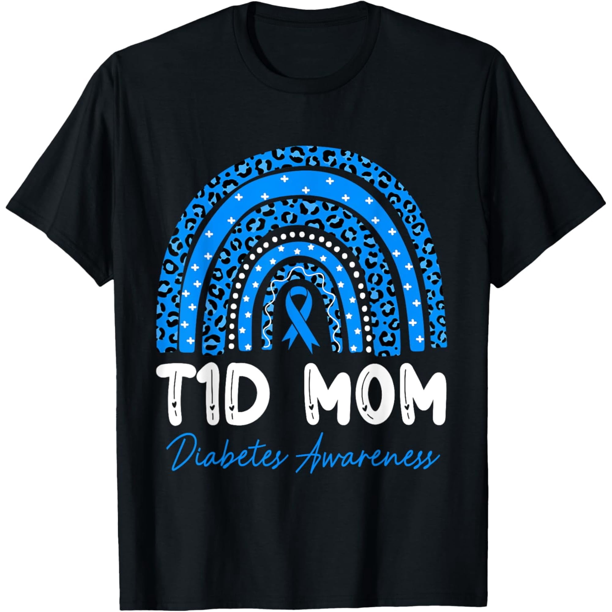 T1D Mom Diabetes Awareness Graphic T-Shirt Retro Leopard Rainbow Blue Ribbon Women's Short Sleeve Tee Apparel