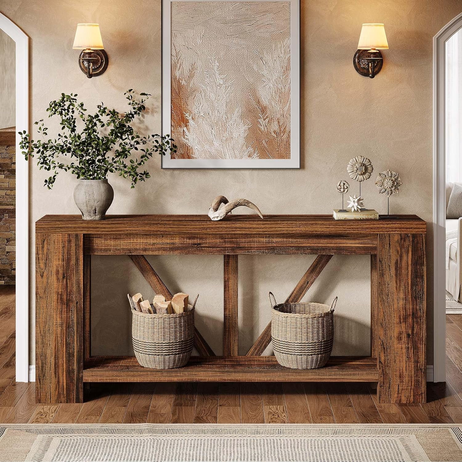 Finmind 70.9-Inch Extra Long Console Table with Storage for Entryway, Hallway, Foyer, Living Room, Brown
