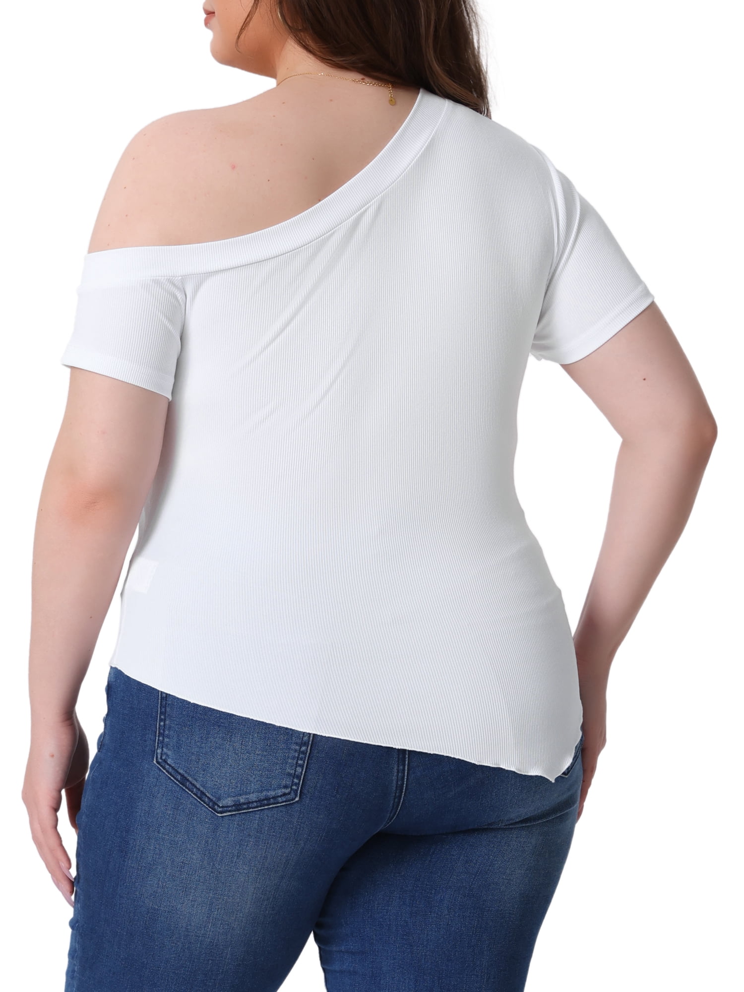 DARING DIVA Women's Plus One Shoulder Blouse 1X White