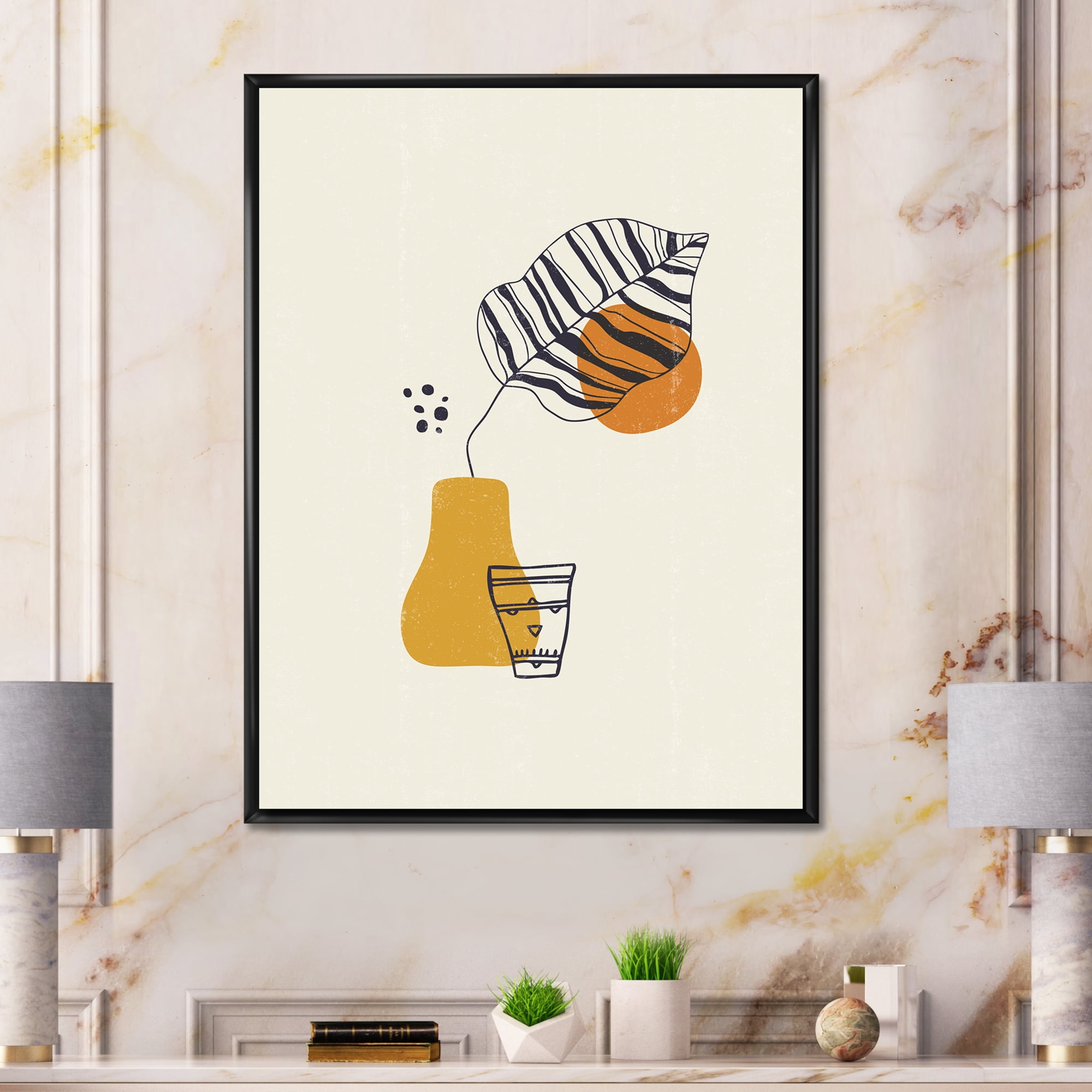 Designart 'Abstract Shapes Botanical Minimalist Leaf' Modern Framed Canvas Wall Art Print