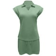 thumbnail image 4 of Arlun Womens 2 Piece Skirt Sets Soft Comfy Solid Color Tennis Outfits Casual Cap Sleeve Lapel Shirt and Drawstring Short Skirts Set Loose Fit Casual Stylish Sports Wear Green XL, 4 of 5