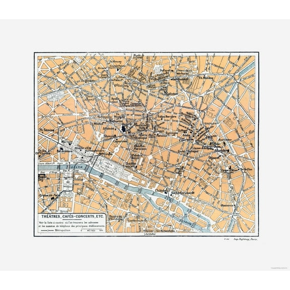 Historic Map - Paris France Theatres Cafes - Blue Guides 1921 - 26.53 x 23 - Vintage Wall Art