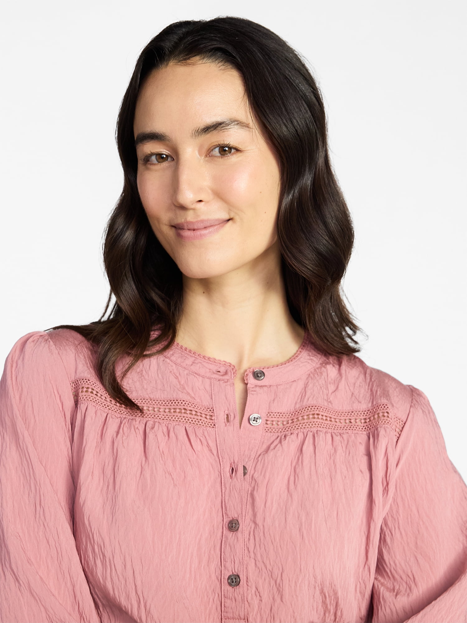 Time and Tru Women's Lace Yoke Half Button Shirt with Long Sleeves Sizes XS-XXXL