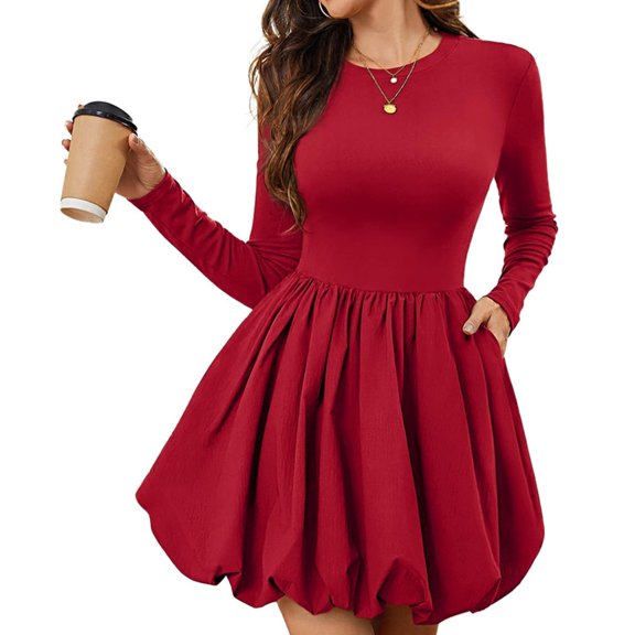 Aellinatey Women's long-sleeved round neck high-waisted mini cocktail dress with pockets