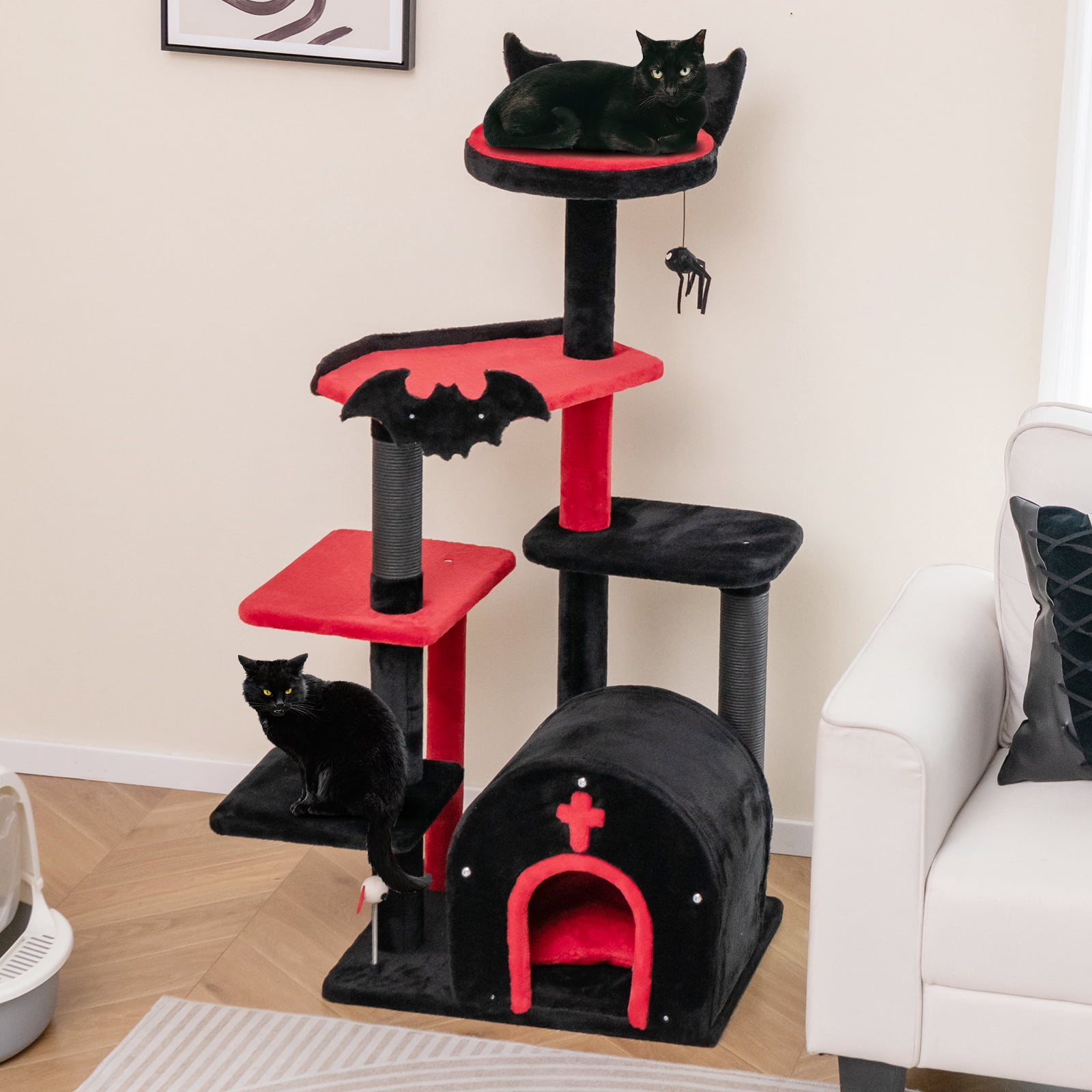 Infans 6-Tier Gothic Cat Tree 53” Tall Cat Tower w/ Cat Bed Arch-Shaped Condo Pompom
