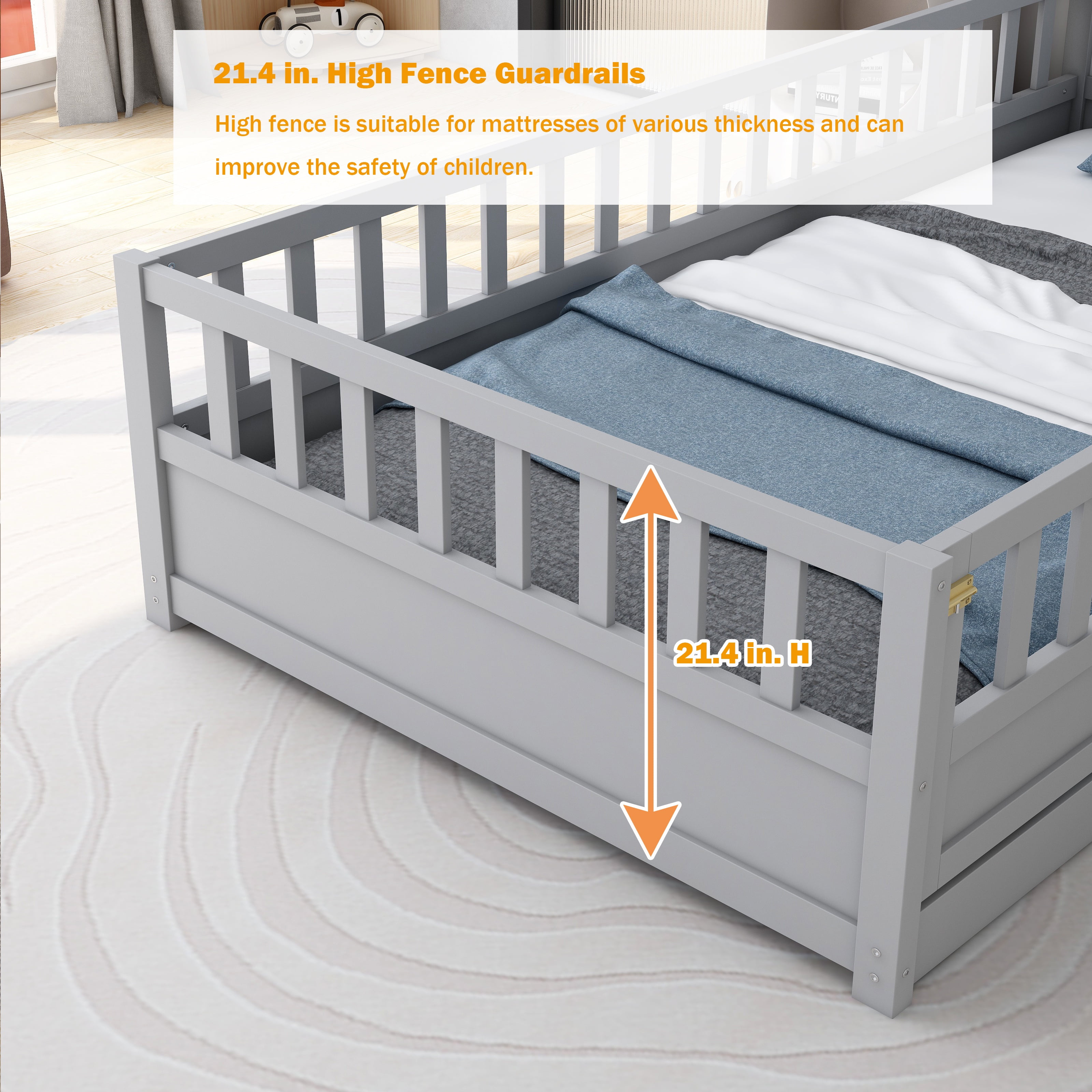 Bellemave Twin Size Floor Bed with Door and High Fence Guardrails Floor Bed without Bed Slats Wooden Floor Bed Montessori Bed Frame(Twin, Gray, Without Slats)