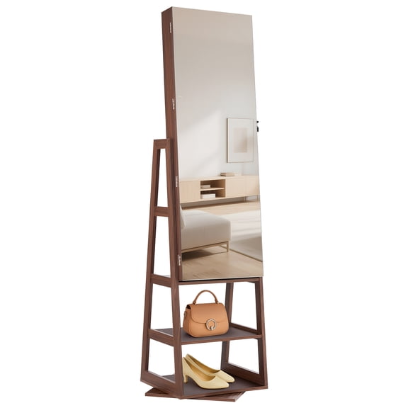 KFFKFF 360° Rotating Jewelry Cabinet, 61-inch Tall, Full-Length Mirror with Storage, Standing Jewelry Organizer with Lockable Door, Accessory Pouches, and Shelves