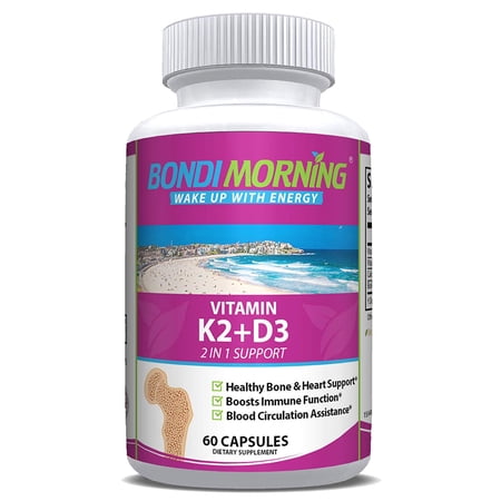 Bondi Morning Vitamin K2+D3 Supplement - High Potency 5000IU Vitamin D3 & 100mg Vitamin K2 (MK7) - for Bone & Heart Health - 60 Vegan Capsules