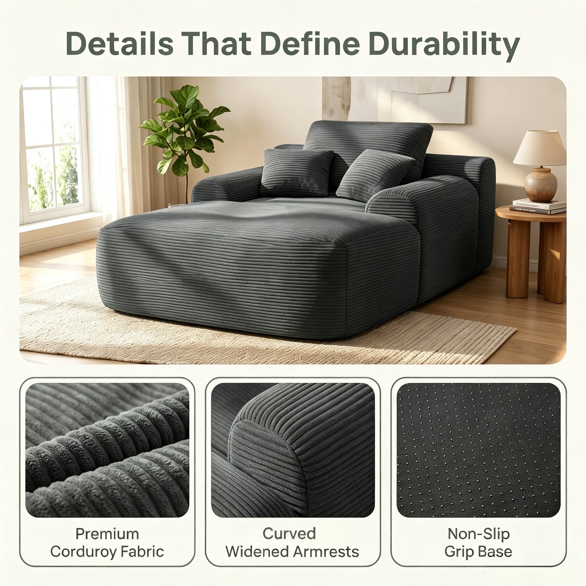 ShiKeyi 65'' Oversized Chaise Lounge Chair Indoor, Boneless Sofa Cloud Deep Seat Sleeper Sofa Bed, Plush Corduroy Chaise Couch with Pillows, No Assembly Required, Gray