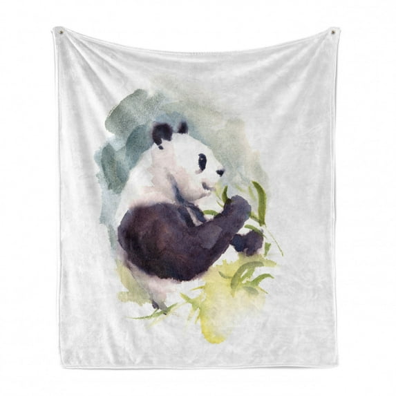 Panda Soft Flannel Fleece Blanket, Watercolor Illustration of a Panda Eating Bamboo Leaves Animalistic Side View Pattern, Cozy Plush for Indoor and Outdoor Use, 50" x 70", Multicolor, by Ambesonne