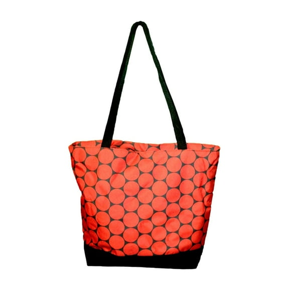 Medium Sized Dot Print Zipper Top Beach Tote Bag Red Dots - Black
