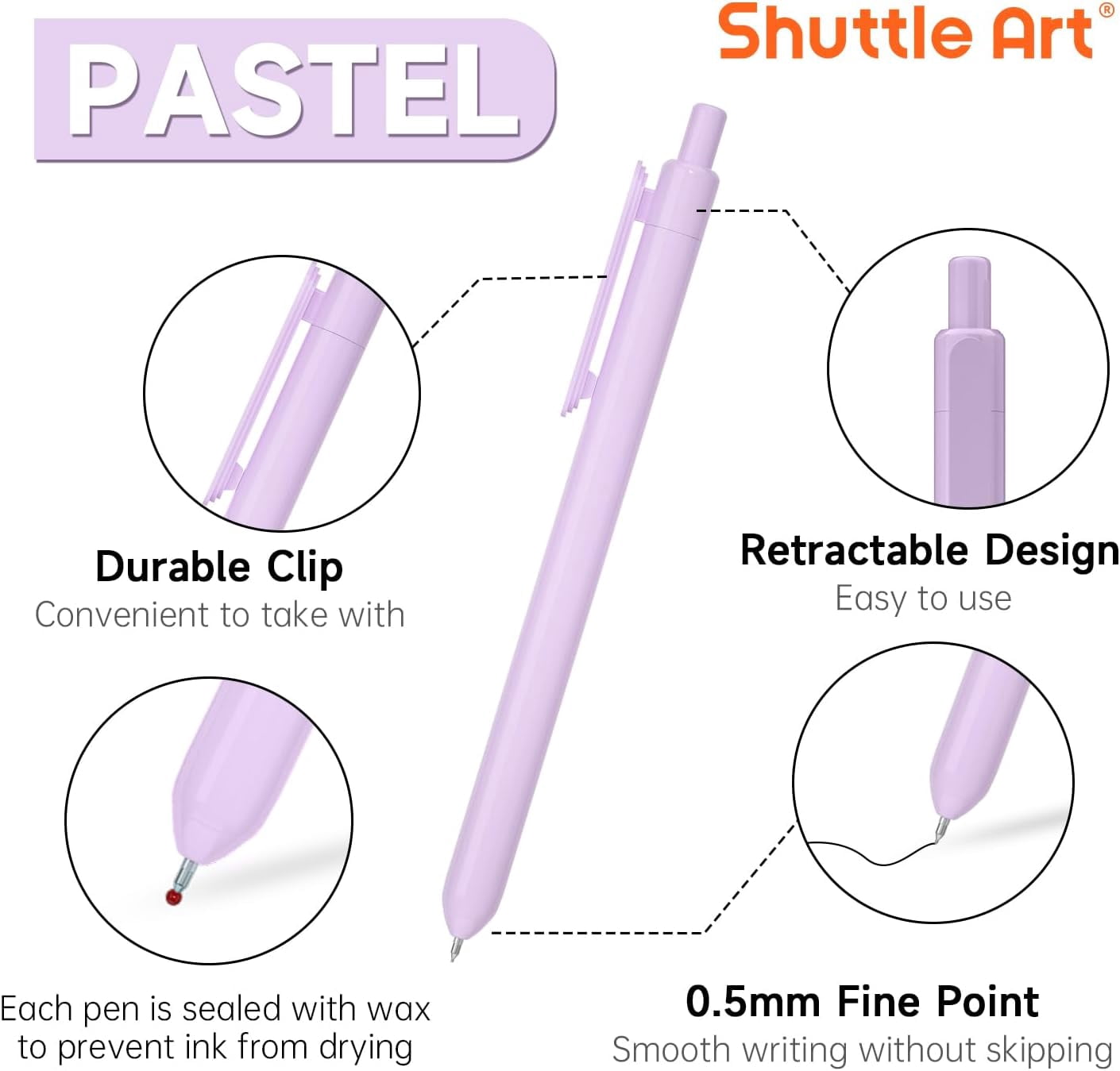 (3 pack) Retractable Pastel Gel Ink Pens, Shuttle Art 11 Pack Black Ink Pens, Cute Pens 0.5mm Fine Point for Writing Journaling Taking Notes
