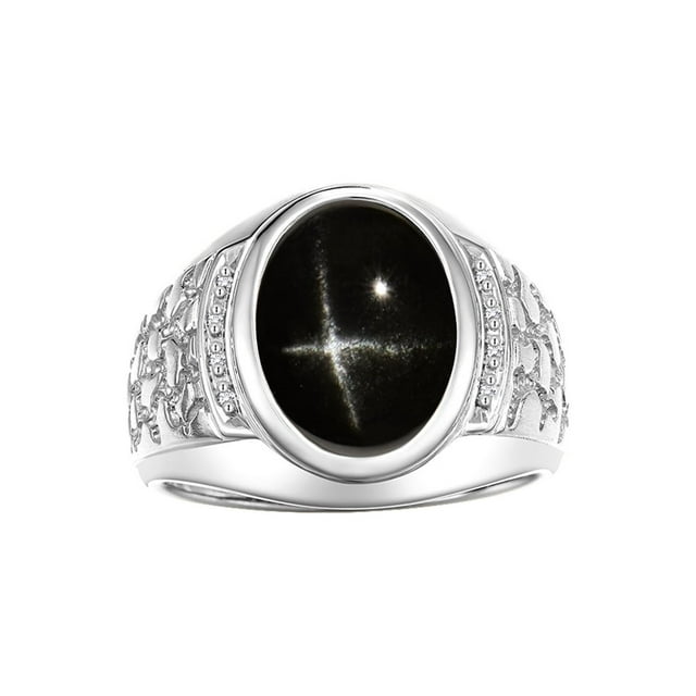 RYLOS Men's Rings Sterling Silver Nugget Ring with Cabochon Gemstone & Diamonds Black Star Sapphire Rings For Men Size 9