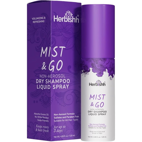 Herbishh Non-Aerosol Mist & Go Liquid Dry Shampoo (4.06 fl. oz) Absorbs Oil & Adds Volume, Travel Size Waterless Mist Spray for Greasy Roots, Instant Refresh Volumizing Shampoo, Gift for Women & Men