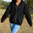 thumbnail image 4 of Sudadera de lana con capucha de color sólido XXL para mujer, chaqueta de manga larga, top holgado con cremallera para calle, color negro, 4 of 6