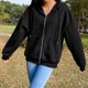 thumbnail image 4 of Sudadera de lana con capucha de color sólido XXL para mujer, chaqueta de manga larga, top holgado con cremallera para calle, color negro, 4 of 6