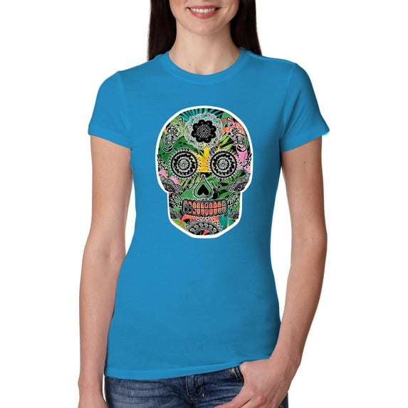 Day Of The Dead Calavera Skull Colorful Trippy | Womens Pop Culture Slim Fit Junior Tee, Turquoise, Small
